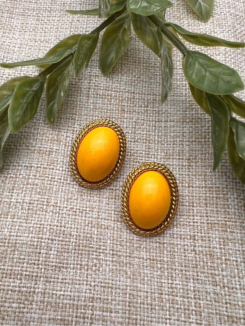 Gold Oval Vintage Grandma Earrings with Large Yellow Stones